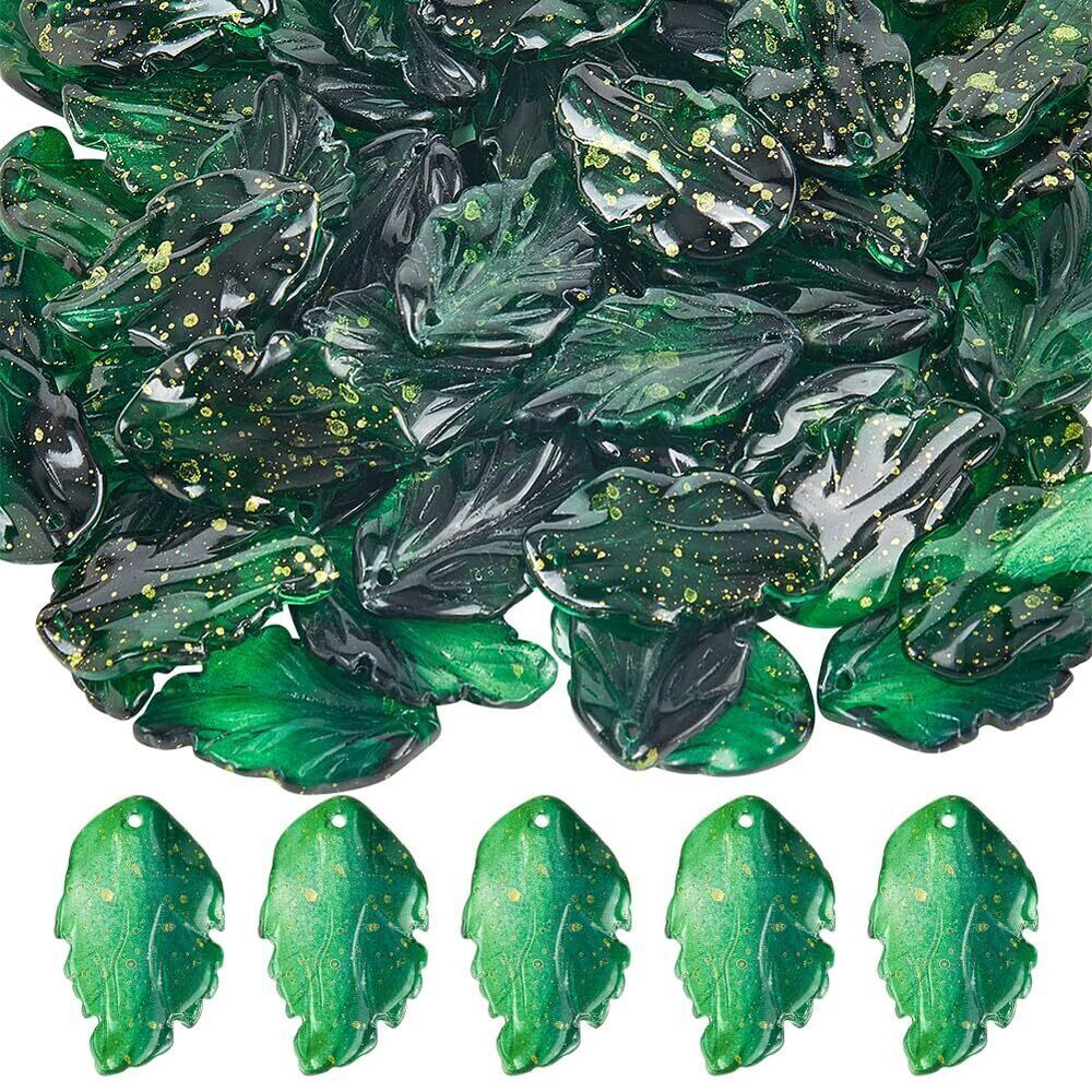 8154 80Pcs Small Glass Leaf Charms Green Leaves Beads Bulk Transparent